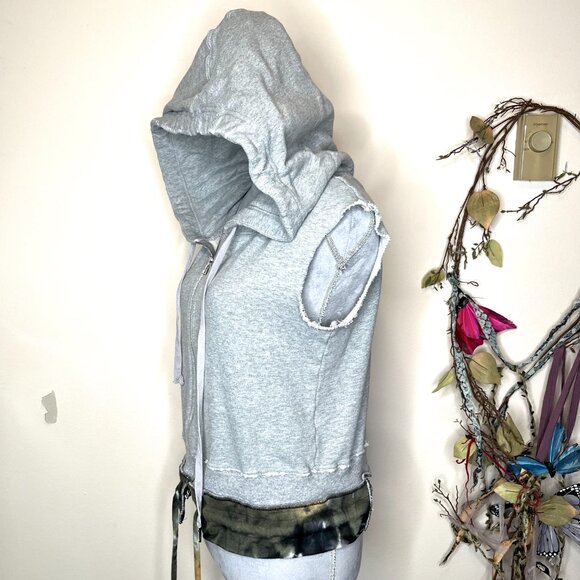 Womens Patchwork Hoodie Size Small Gray Green Tie Dye Ripped Frayed Grunge Goth - Picture 5 of 11